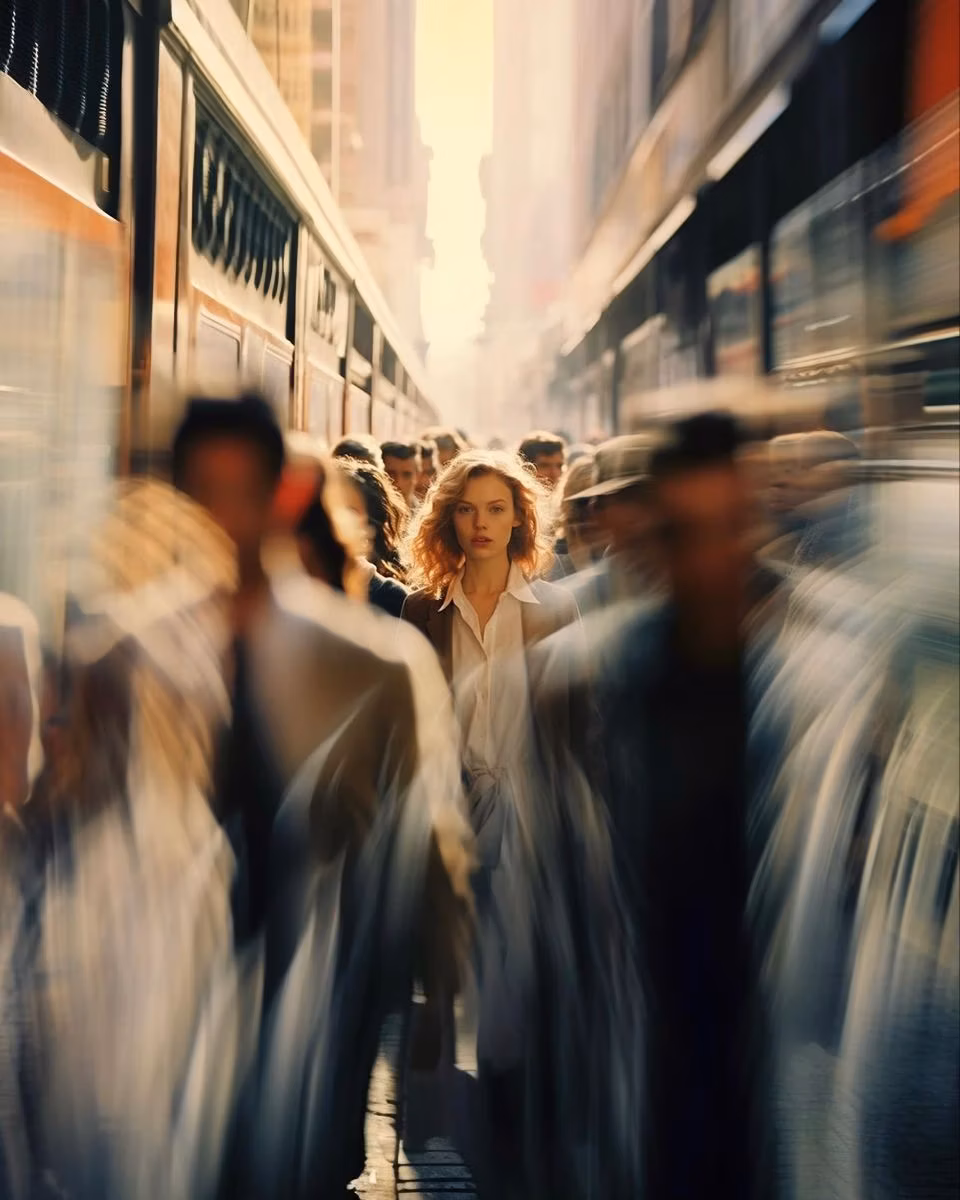 Still portrait amid motion-blurred city street, Kairos brand concept