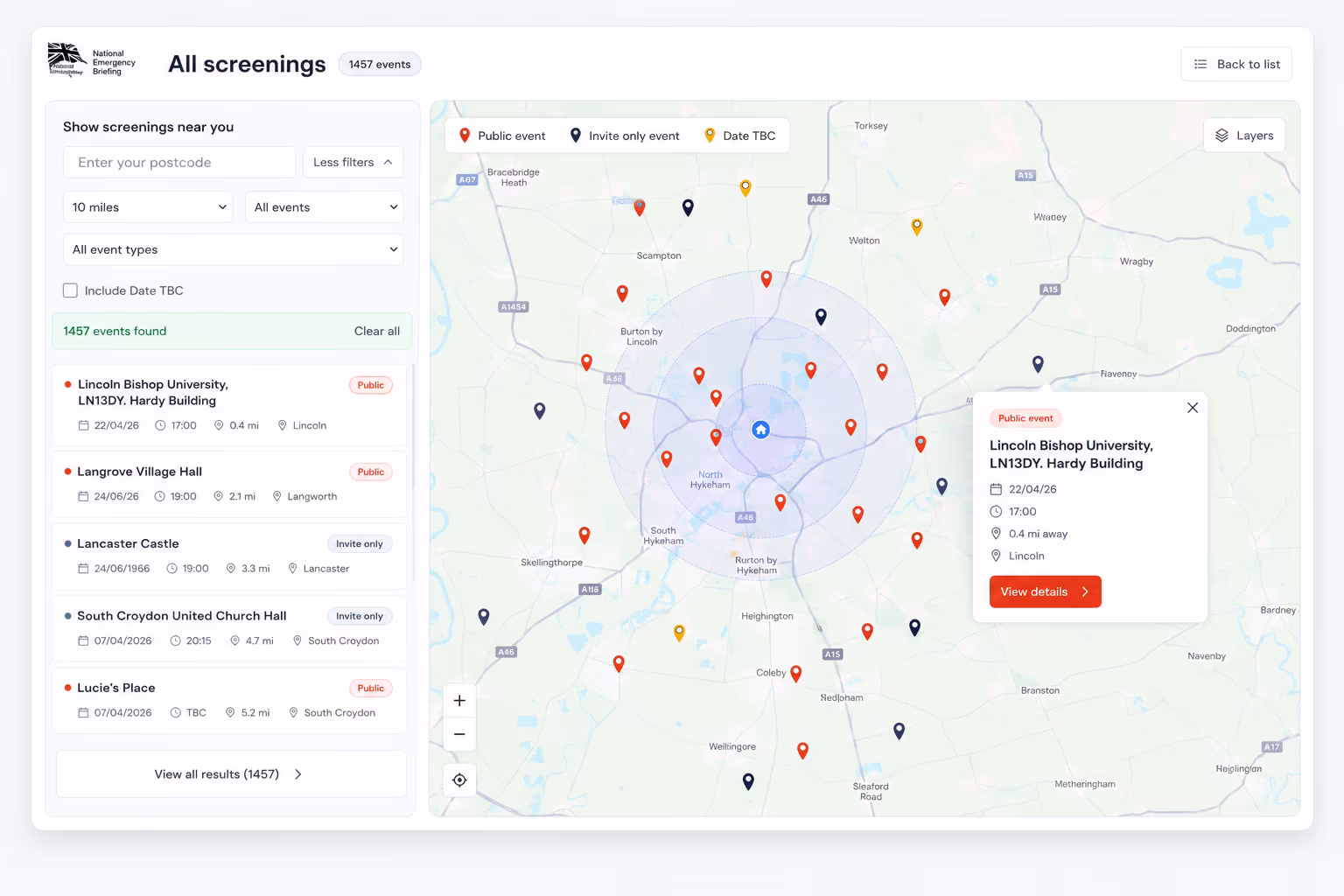NEB screenings map and list view with search, filters, and event details